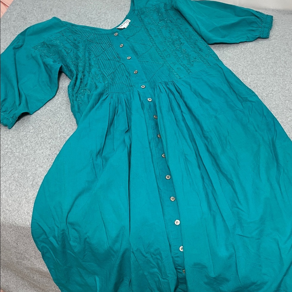 Boho Embroidered Button Midi Dress Medium Lagenlook Cottage Coastal